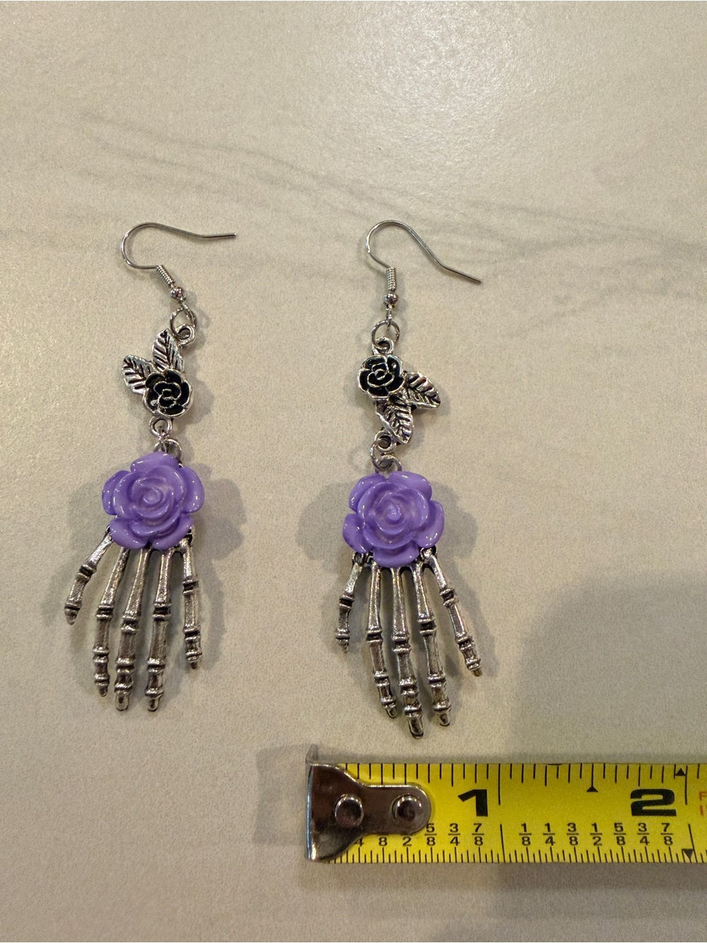 Gothic Skull Hand Earrings Purple Rose Flower - Unique - NEW - Picture 5 of 5